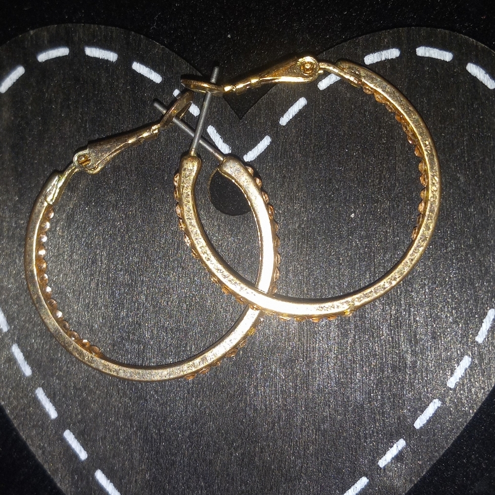 Vintage 1" Gold Hoops with CZ Accents - Picture 2 of 10